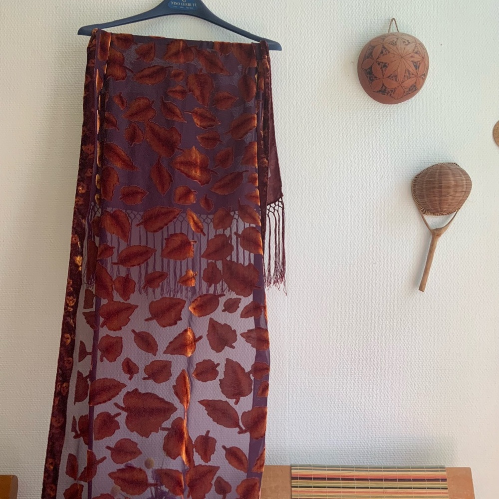 Deep Purple Burgundy Velvet Leaf Patterned Scarf with Fringe